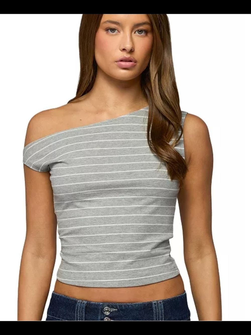 Edikted Keryn One-Shoulder Striped Gray Crop Top